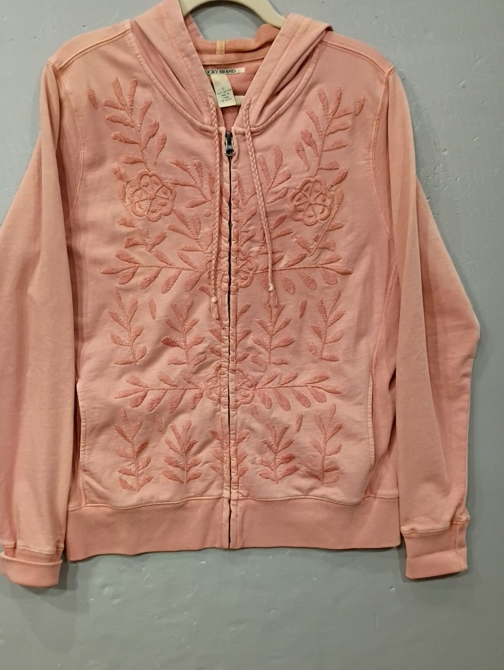 Lucky Brand Women’s Pink/Coral Embroidered Zip Hoodie Ribbed Sides Embroidered